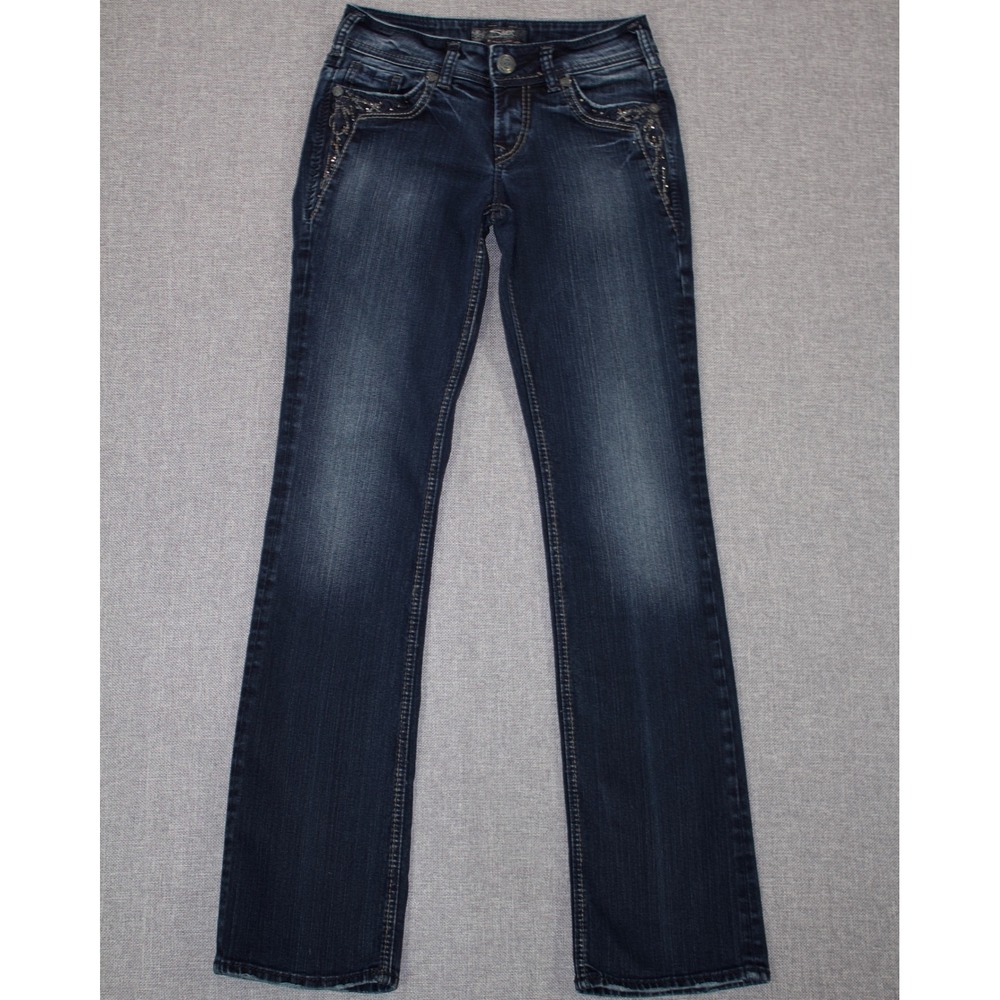 Silver Jeans Suki 17" Women W26 L33 Dark Wash Rhinestone Embellished Bootcut